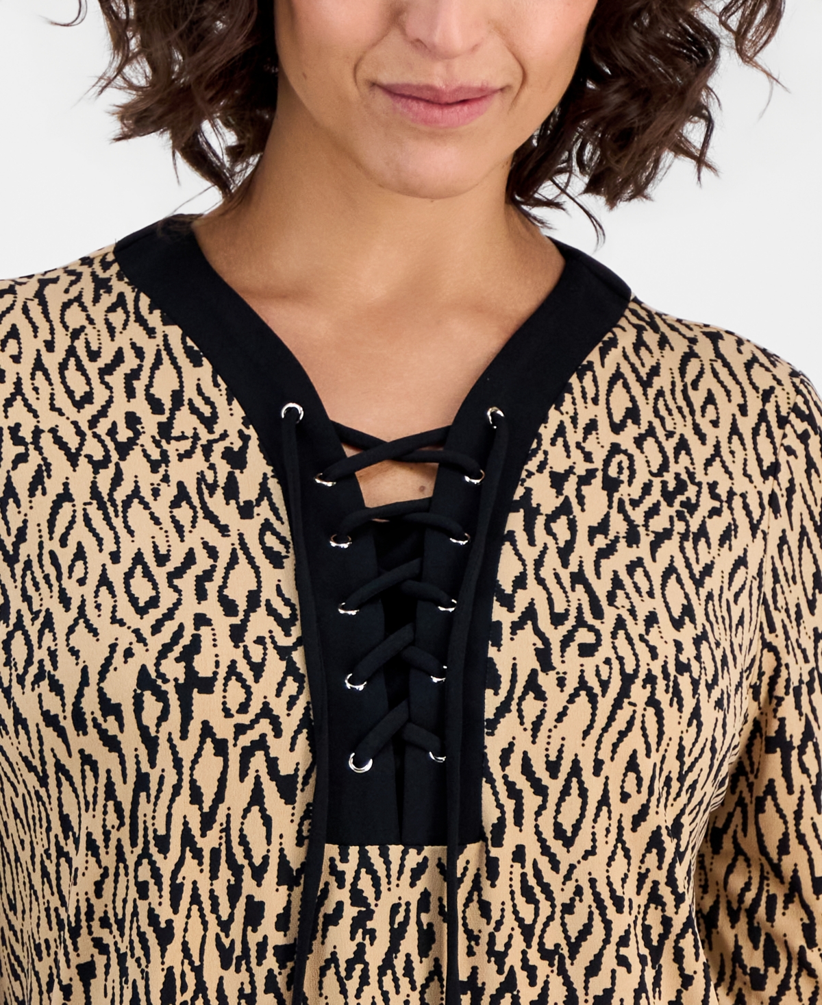 Jm Collection Women's Lace-Up 3/4-Sleeve Printed Top, Created for Macy's