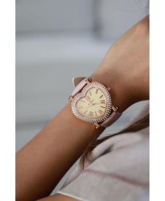 Women's Heart Shaped Rose Gold Crystal Watch with Pink Suede Strap