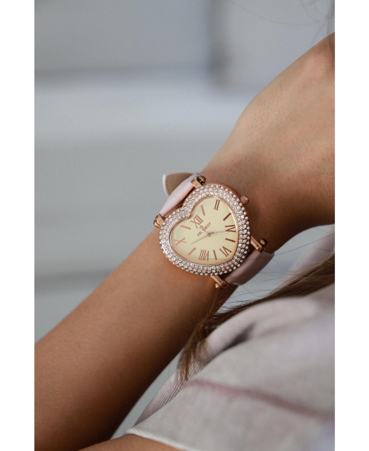 Peugeot Women's Heart Shaped Rose Gold Crystal Watch with Pink Suede Strap