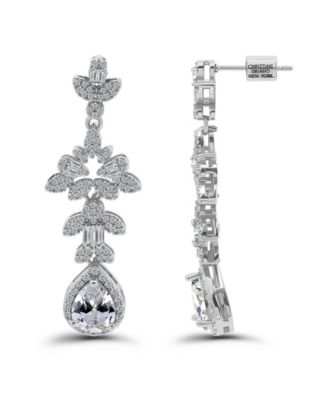 Fine Silver Plated Pave Cubic Zirconia Floral Post Drop Earrings