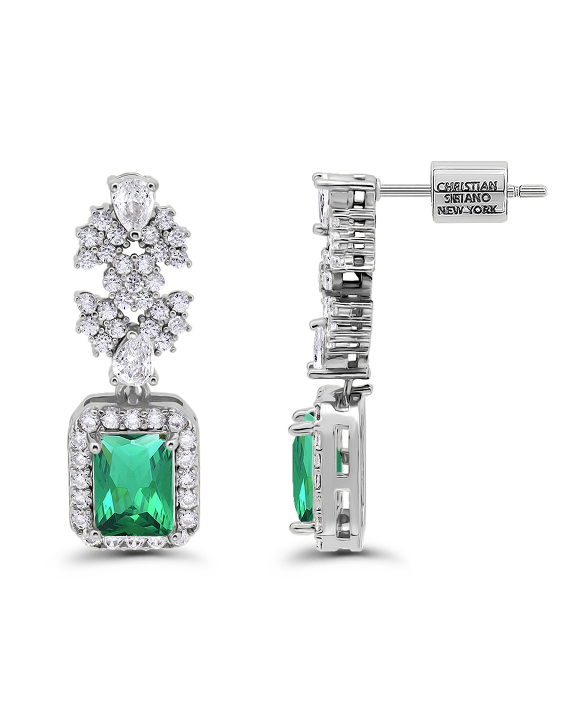 Christian Siriano New York Fine Silver Plated Cubic Zirconia Floral Motif Post Drop Earrings In Green