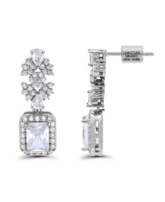 Fine Silver Plated Cubic Zirconia Floral Motif Post Drop Earrings