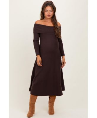 Maternity Brown Off Shoulder Sweater Midi Dress