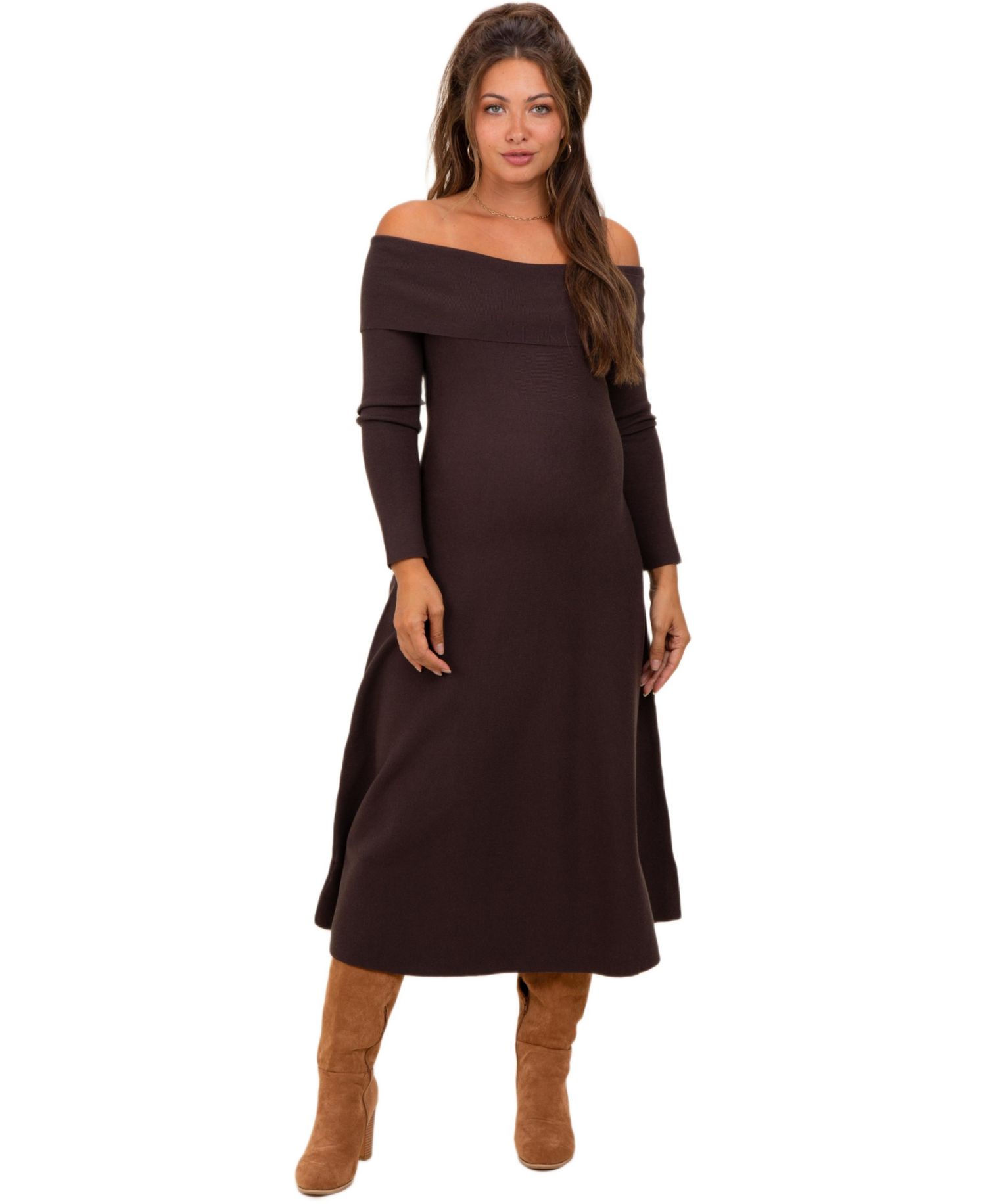 Women's Brown Off Shoulder Sweater Midi Dress