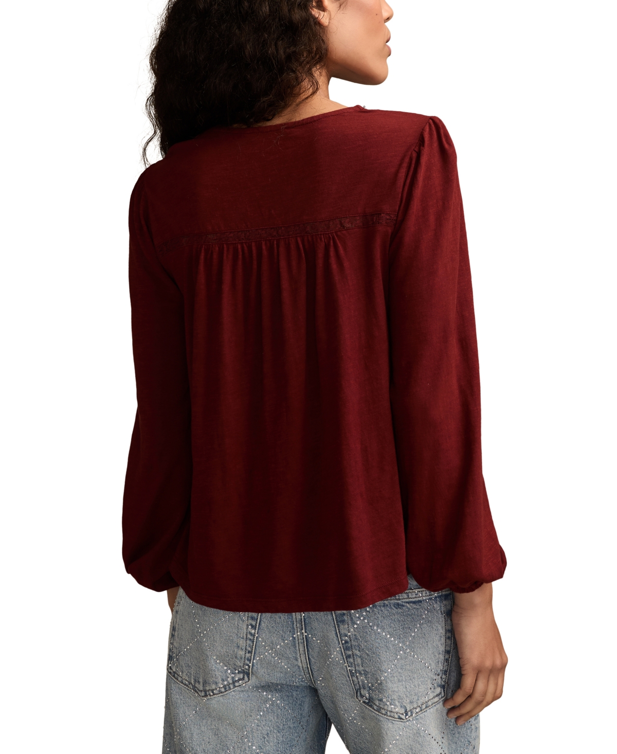 Lucky Brand Women's Lace Yoke Peasant V-neck Top In Brown