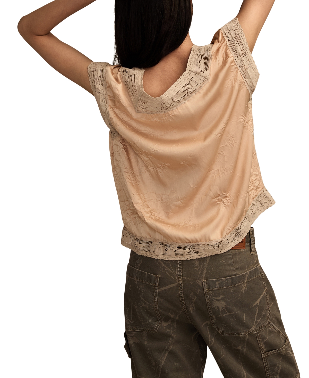 Lucky Brand Lace Cap Sleeve Shirt In Brown