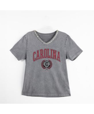 Women's Gray South Carolina Gamecocks Iconic Edge Rhinestone V-Neck T-Shirt