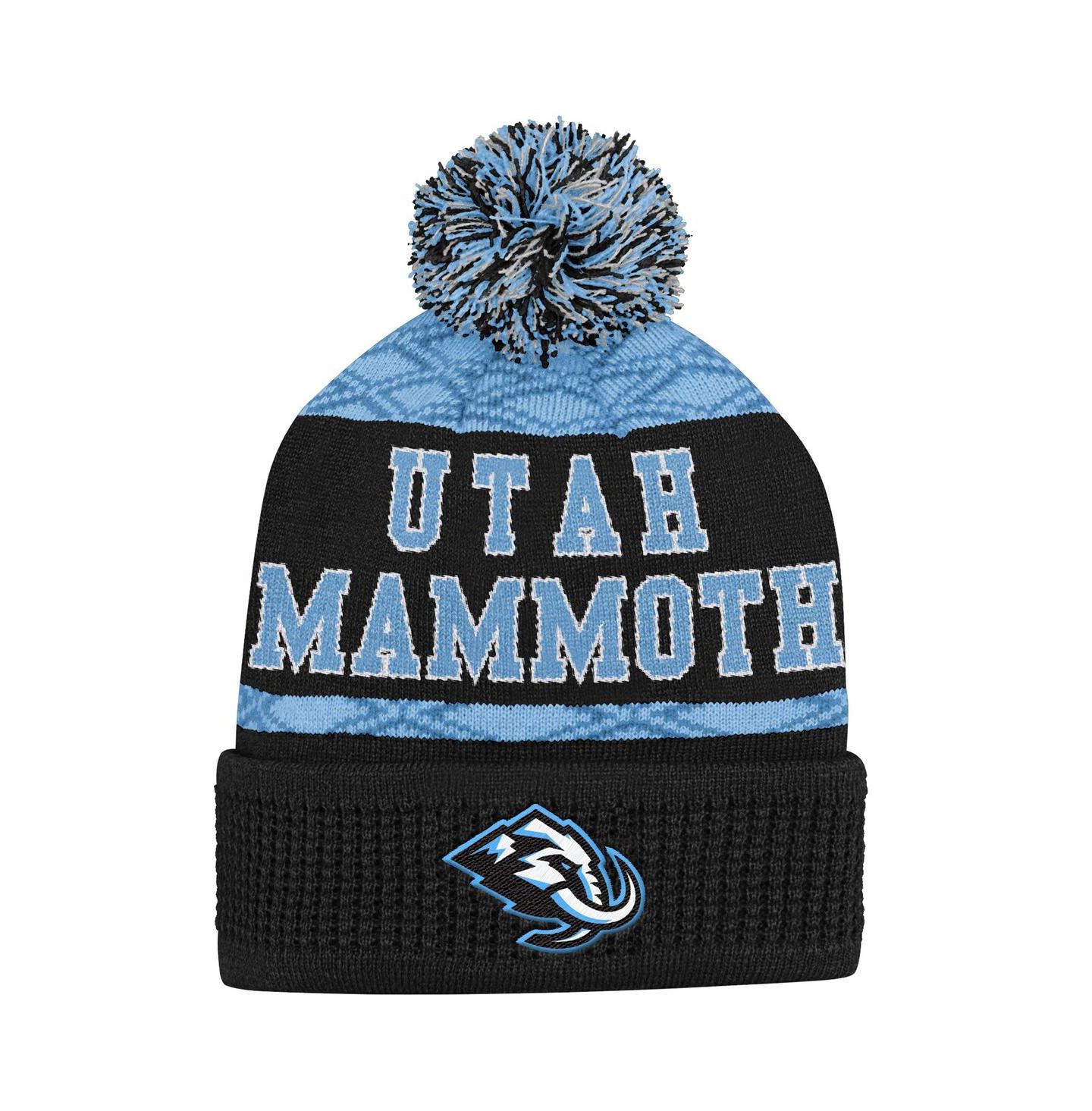 Детский головной убор Outerstuff Black Utah Mammoth Puck Pattern Cuffed Knit with Pom Hat — фото 1