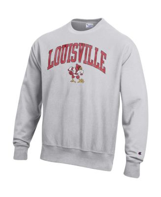 Men's Gray Louisville Cardinals Distressed Arch Over Logo Reverse Weave Crew Neck Sweatshirt