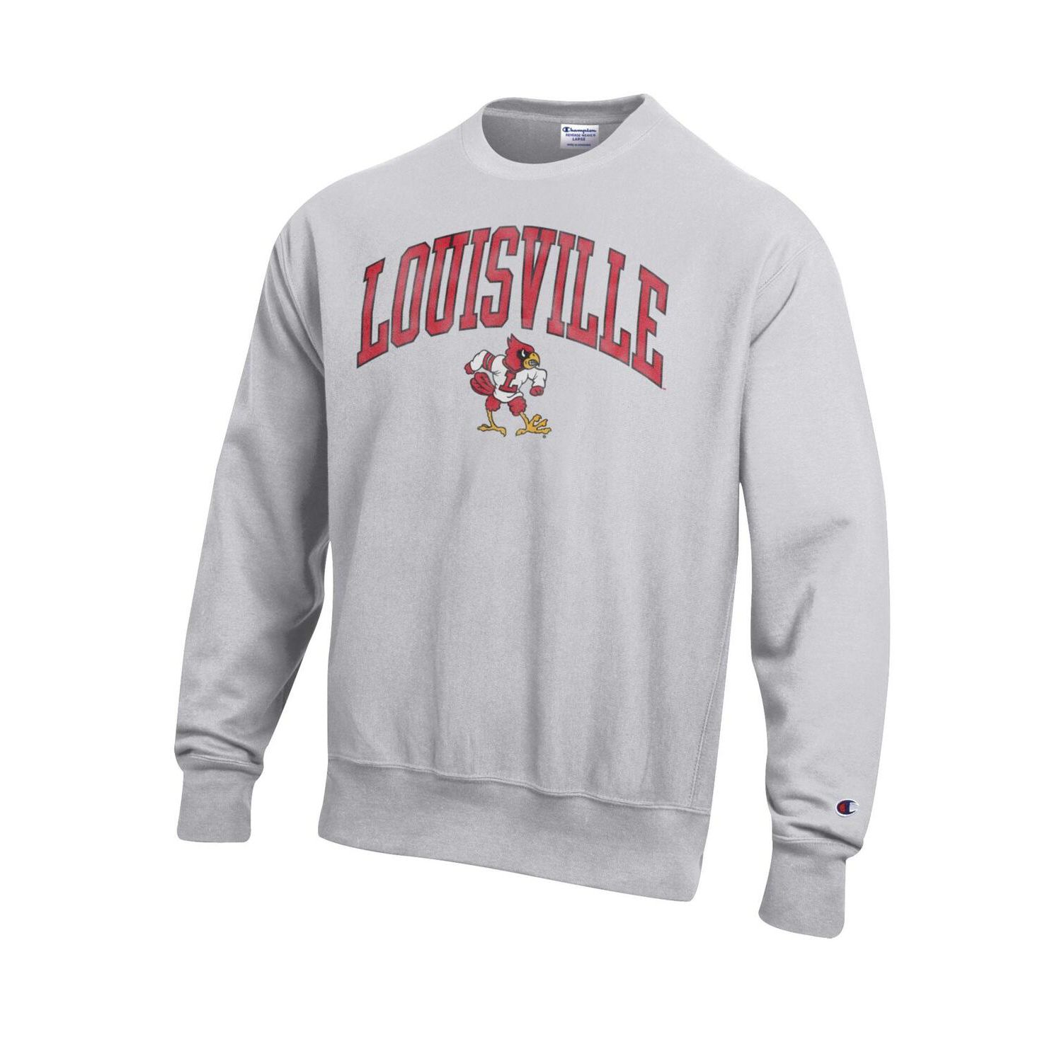 Men's Gray Louisville Cardinals Distressed Arch Over Logo Reverse Weave Crew Neck Sweatshirt