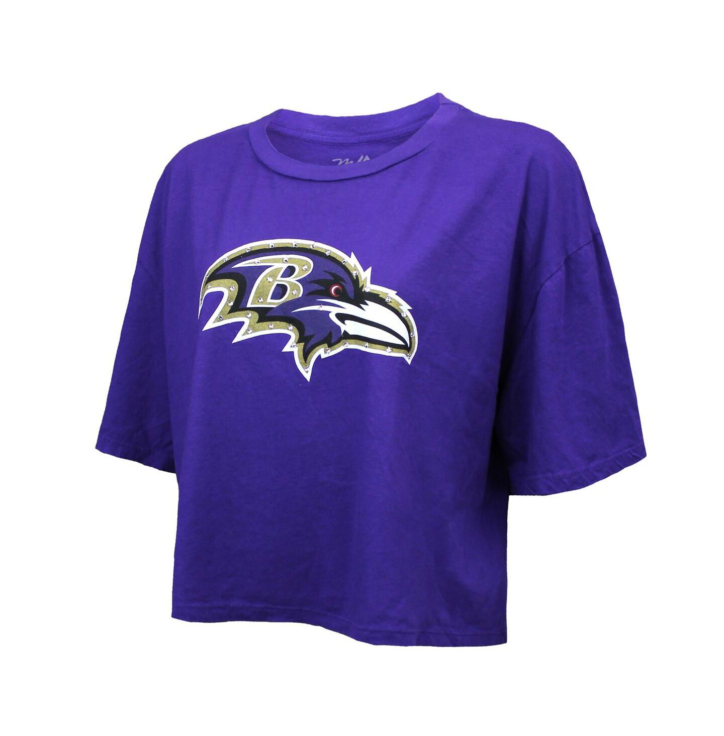 Женская футболка Majestic Threads Lamar Jackson Purple Baltimore Ravens Swarovski Crystals Boxy Cropped Name & Number — фото 2