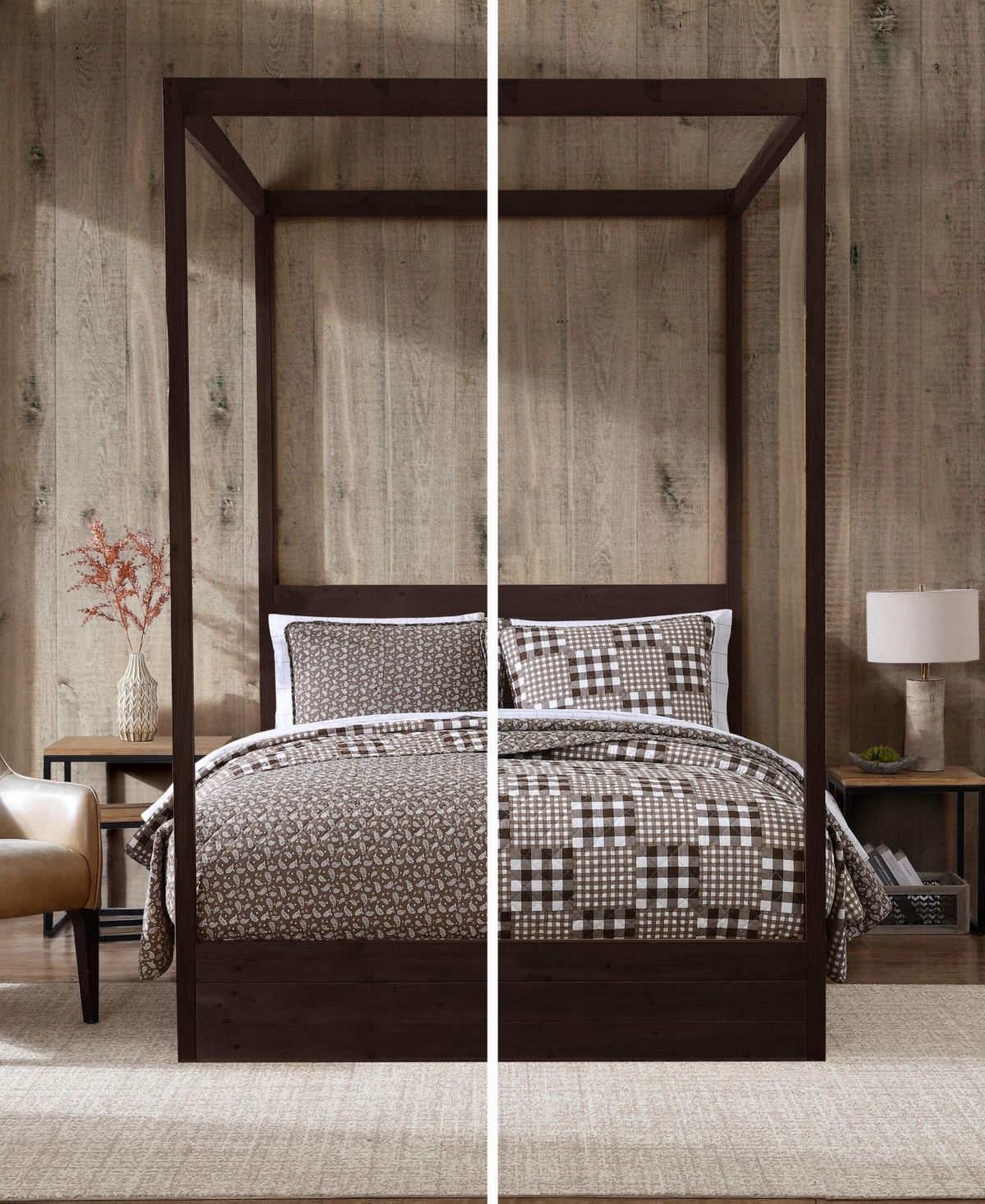 Eddie Bauer 136 Thread Count Gingham Patchwork Cotton Reversible Quilt Set In Brown