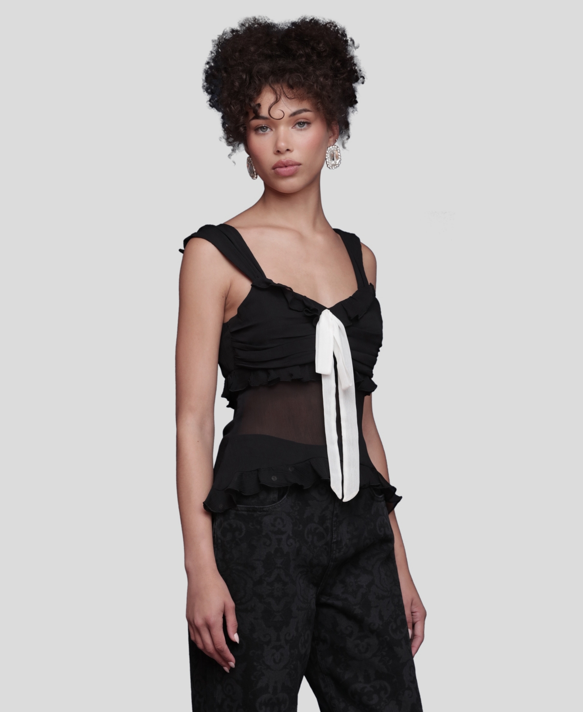Avec Les Filles Women's Bow Detail Ruffle Top In Black