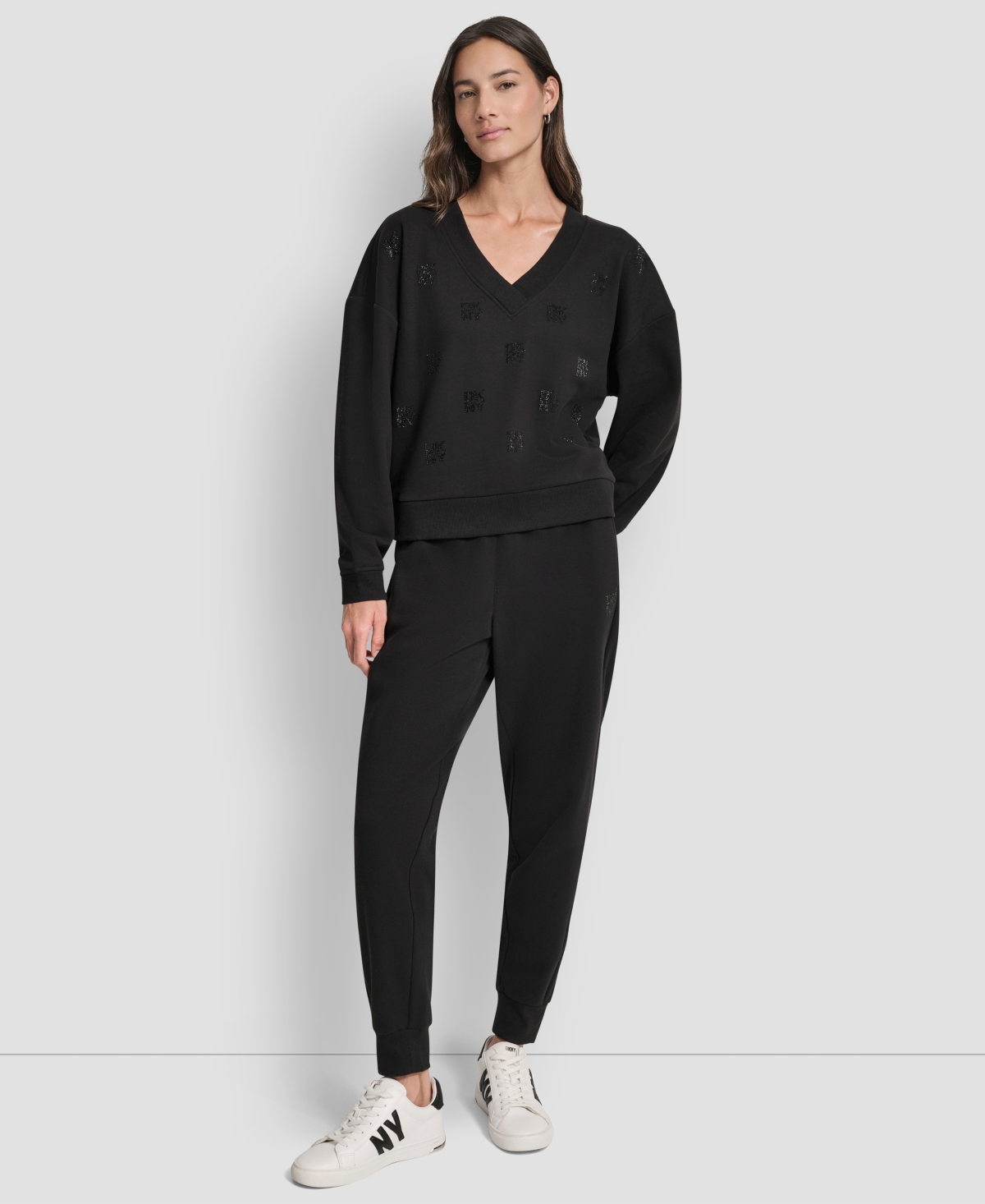 Dkny Women's Allover Stack Rhinestone V-neck Sweatshirt In Black