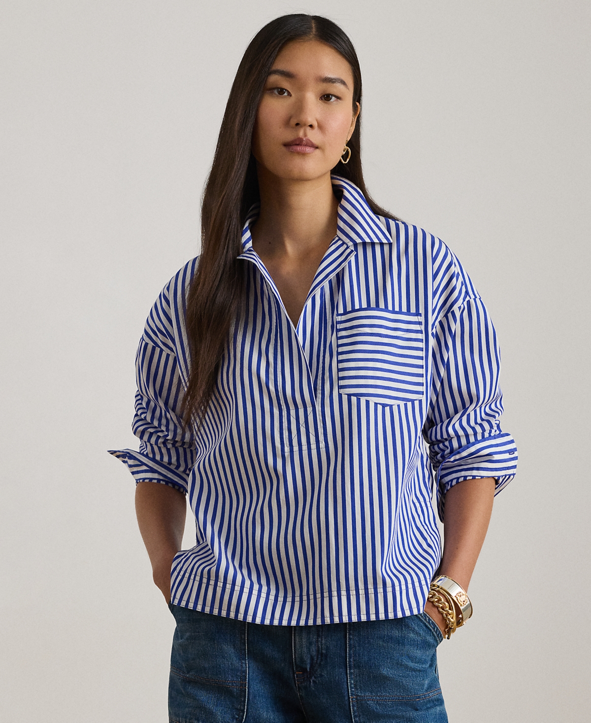 Lauren Ralph Petite Striped Long-Sleeve Cropped Shirt
