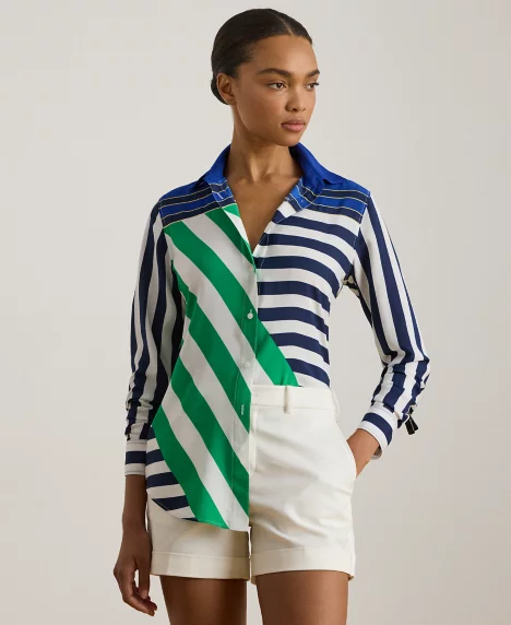Women's Petite Long-Sleeve Striped Shirt - Navy/White/Green