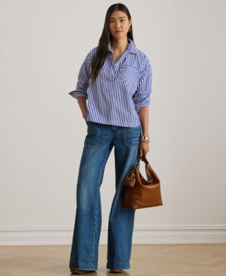 Petite Striped Long-Sleeve Cropped Shirt