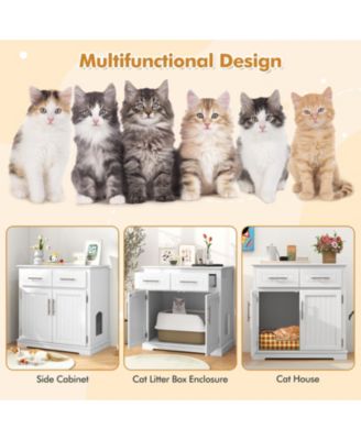 Cat Litter Box Enclosure w/ 2 Drawers Double Doors Anti-Toppling Devices