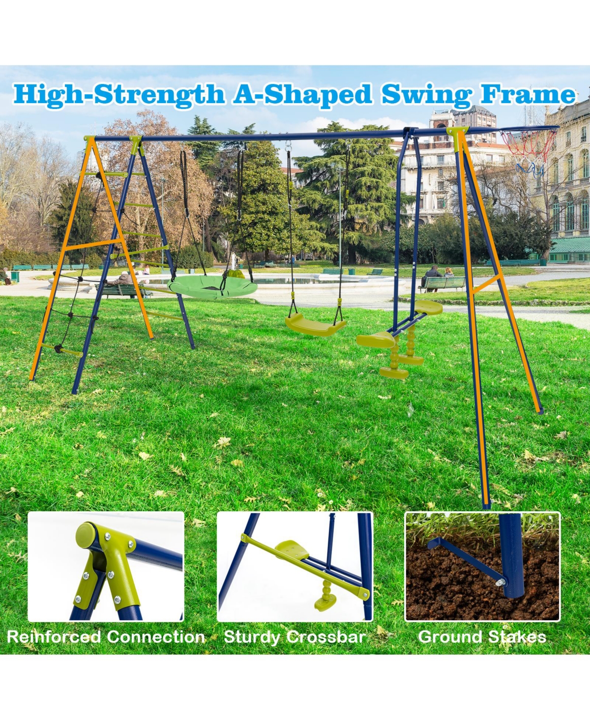 Skonyon 550 Lbs 6-in-1 Patio Kids Swing Set with Climbing Net and Ladder