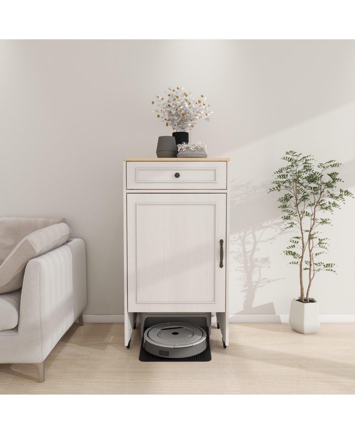 Casainc Robot Vacuum Stand Cabinet with Wheels, Storage Rack with Doors and Drawers, Side Table for Home or Office