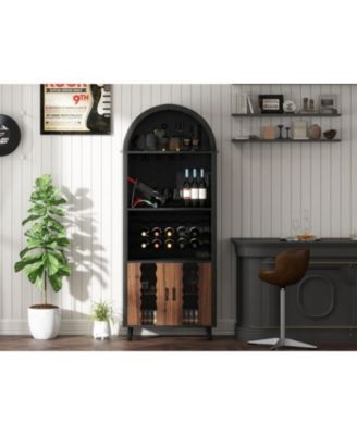 CASAINC 71" Farmhouse Arched Wine Bar Cabinet with Rack and Glass Holder