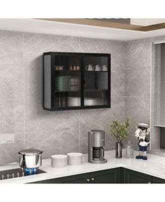 27.56" Two-Door Wall Cabinet with Glass Doors and Three-Tier Storage for Entryway, Living Room, or Bathroom