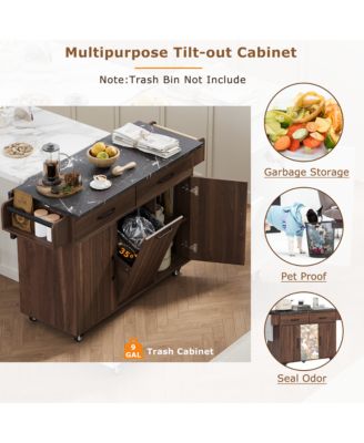 CASAINC Wood Rolling Drop Leaf with Trash Can Storage, Spice Rack, Towel Rack, Drawer & Adjustable Shelf Kitchen Island Cart