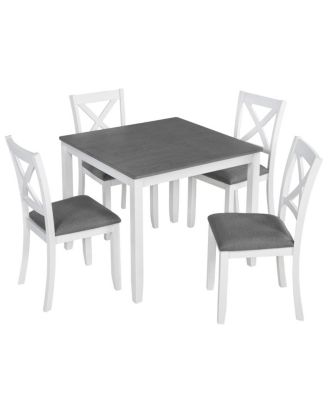 5-Piece Dining Table Set for 4 with Upholstered Chairs, White Frame Grey Top Table Set for Kitchen or Small Apartment-