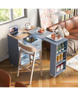 CASAINC Extendable 73.5” Tabletop MDF, Rubber Wood LED Lights, Power Outlets, Fluted Glass, Storage Shelves Rolling Kitchen Island