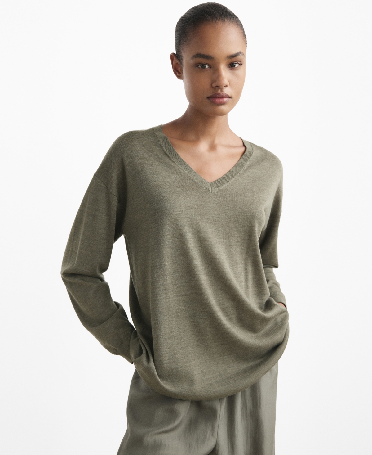 Mango V-neck Wool Pajama Sweater In Green