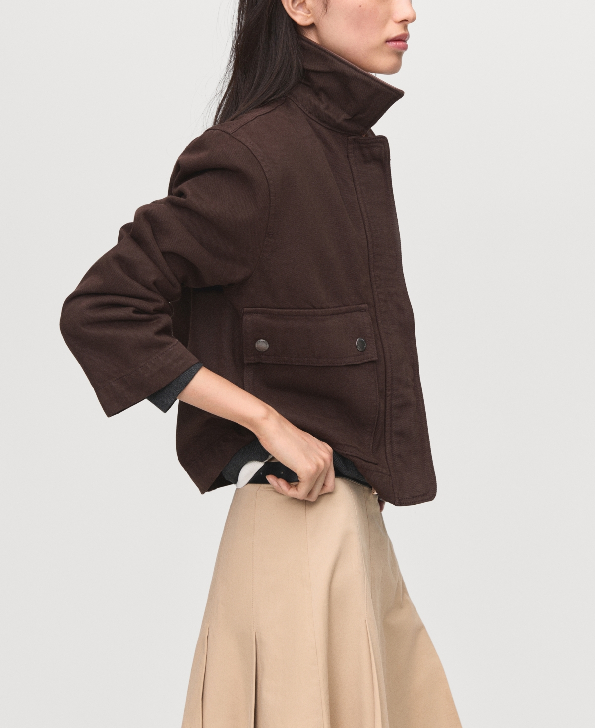 Mango Faux Leather Collar Denim Jacket In Brown