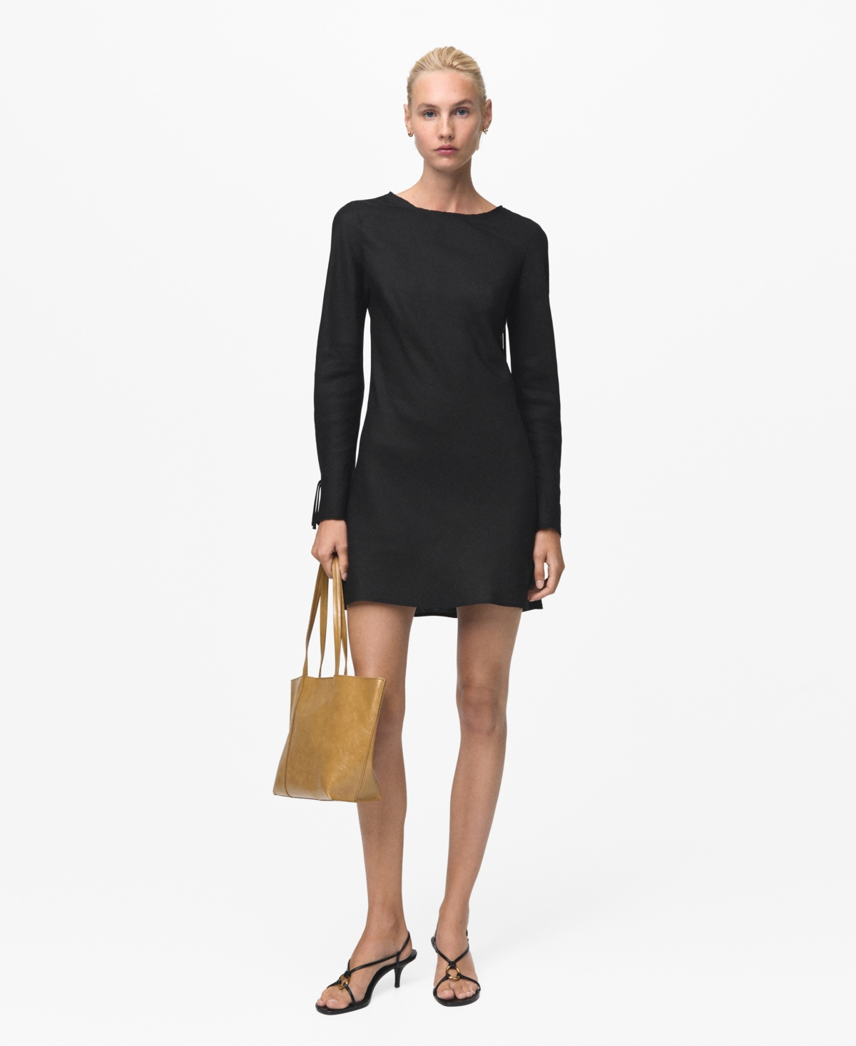 Mango Open Back Long Sleeve Linen Blend Minidress In Black