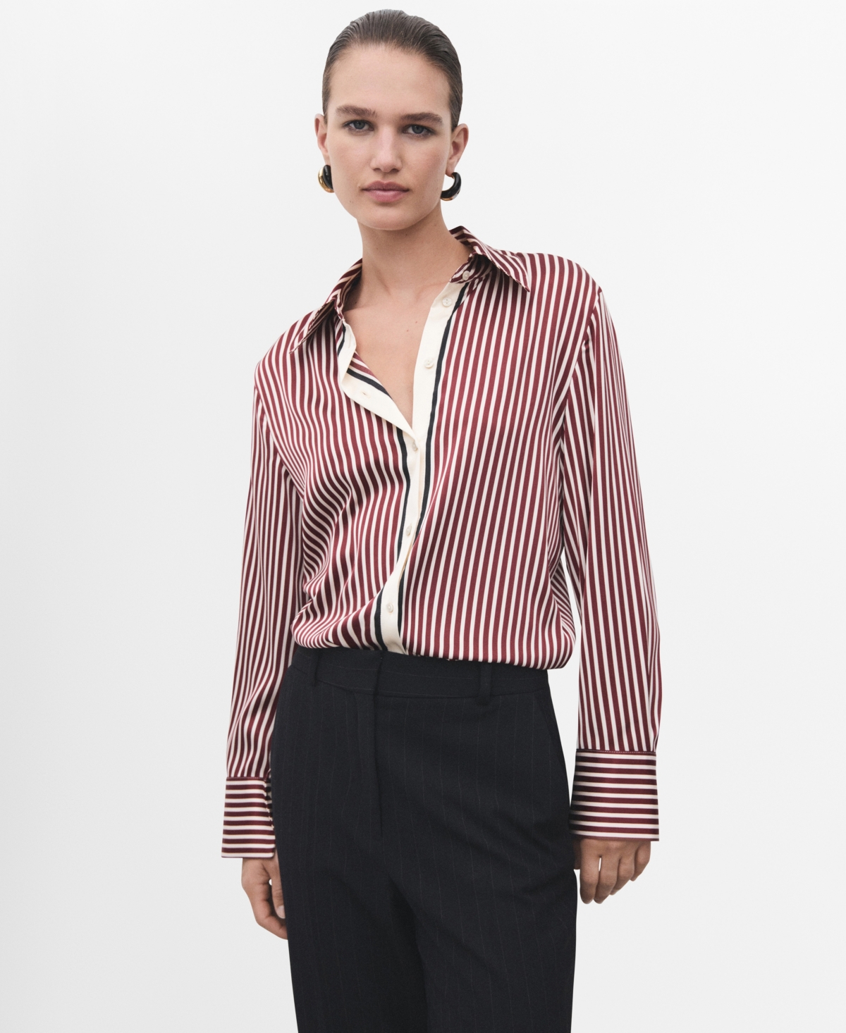 Mango Combined Stripe Button-up Shirt In Burgundy