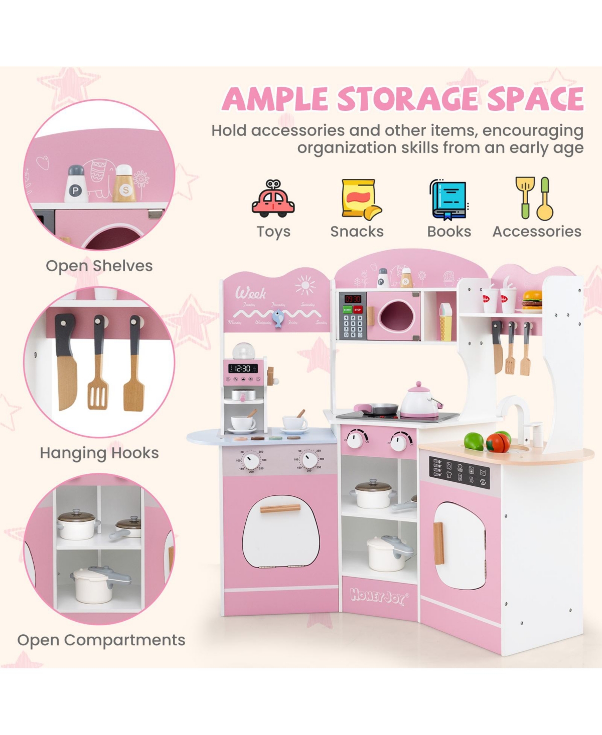 Skonyon Corner Wooden Play Kitchen with Coffee Machine and Slide for Kids-Pink