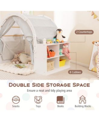 Wooden Kids Play Tent with Curtain Shades and 8 Cubbies-White