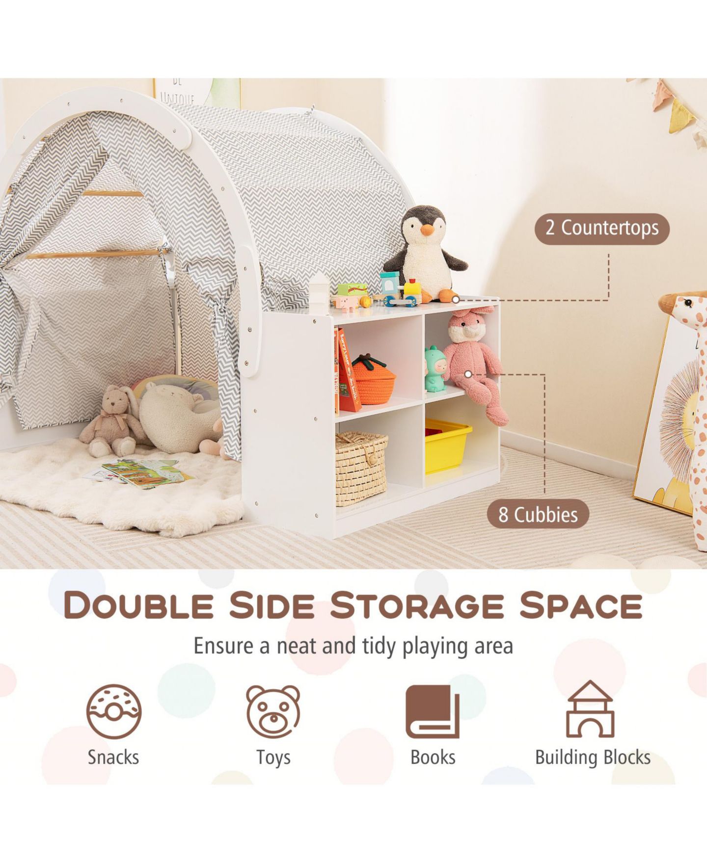 Детская игрушка SKONYON Reading Nook Wooden 8-Cubby Play Tent, Ages 3+, цвет: Белый — фото 8