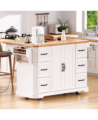 CASAINC 56" Kitchen Island Cart, Drop Leaf, Power Outlet, 4 Shelves, 6 Drawers, Rubber Wood Veneer, Rolling for Dining Room