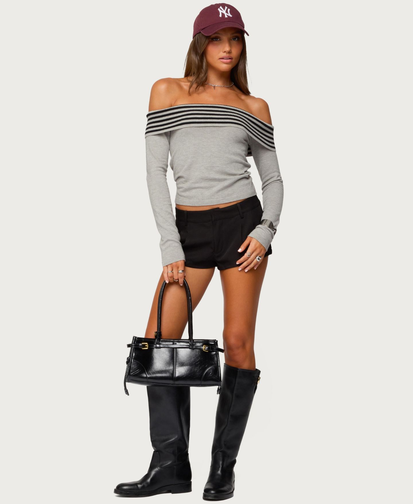 Женский топ Edikted Leetal Stripey Foldover Knit, цвет: Серый меланжевый — фото 5