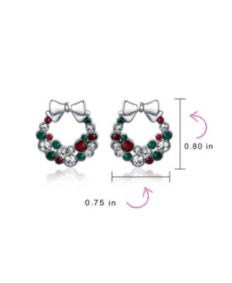 Fashion Sparkling Christmas Bow Red Green White Crystal Holiday Wreath Stud Earrings Crystal Silver Plated