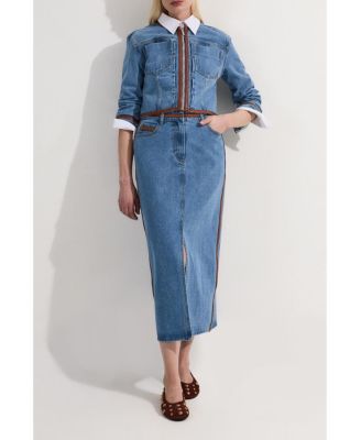 Women's Denim & Leather Collarless Jacket