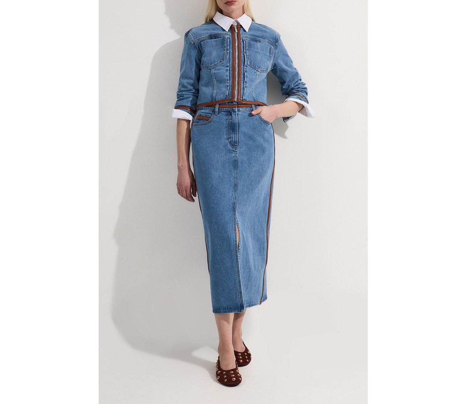 Women's Denim and Leather Collarless Jacket