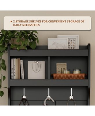 Slim Hall Tree with Cabinet and 6 Hooks, Minimalist Black Wood/Metal Foyer Organizer