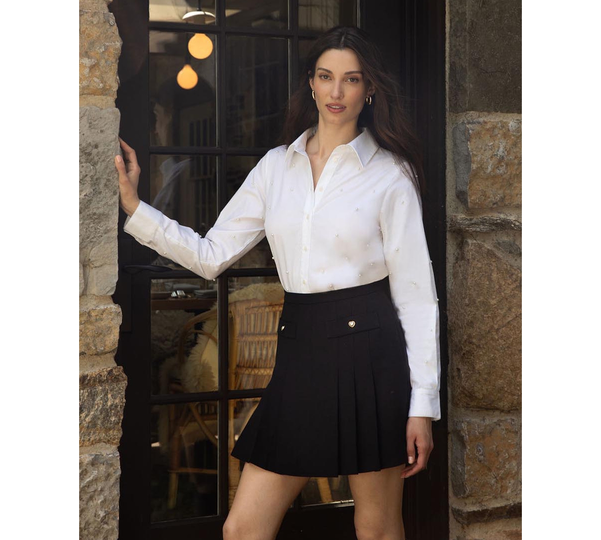 CeCe Women's Pearl Embellished Button Up Shirt