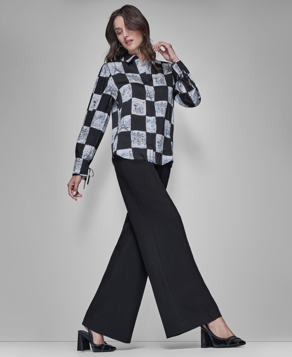 Karl Lagerfeld Women's Printed Collared Long-sleeve Blouse In Black