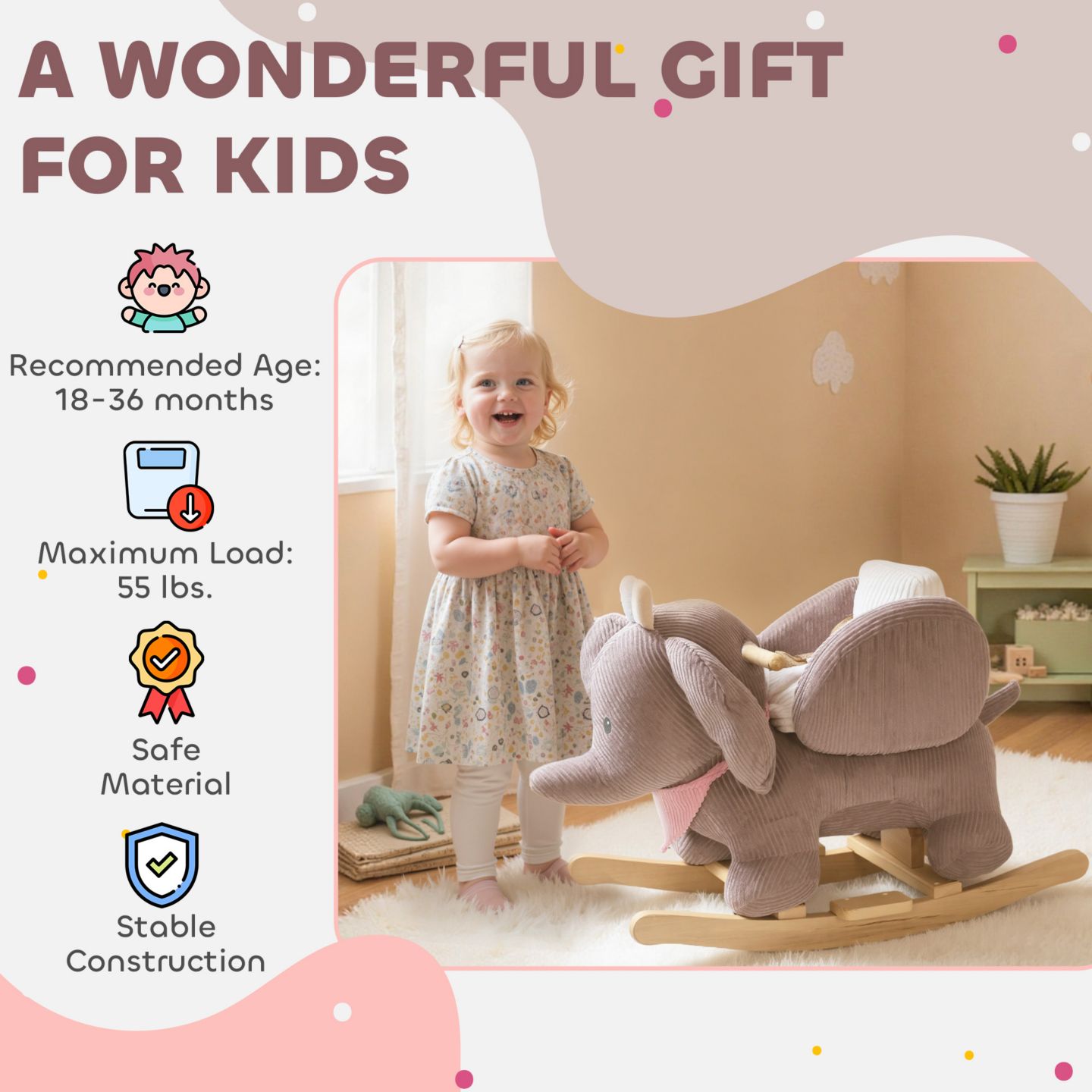 Детская мягкая игрушка Qaba Baby Rocking Elephant Plush with Realistic Sound Ride-On Toy, Ages 18-36 Months, цвет: Розовый — фото 6
