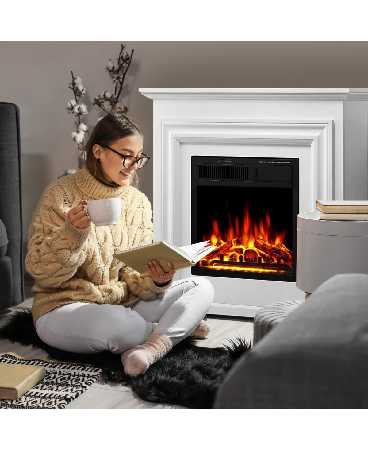 Cowsar Electric Fireplace Heater Wooden Surround Firebox, Remote Control, Adjustable Led Flame, 750W/1500W Freestanding Fireplace