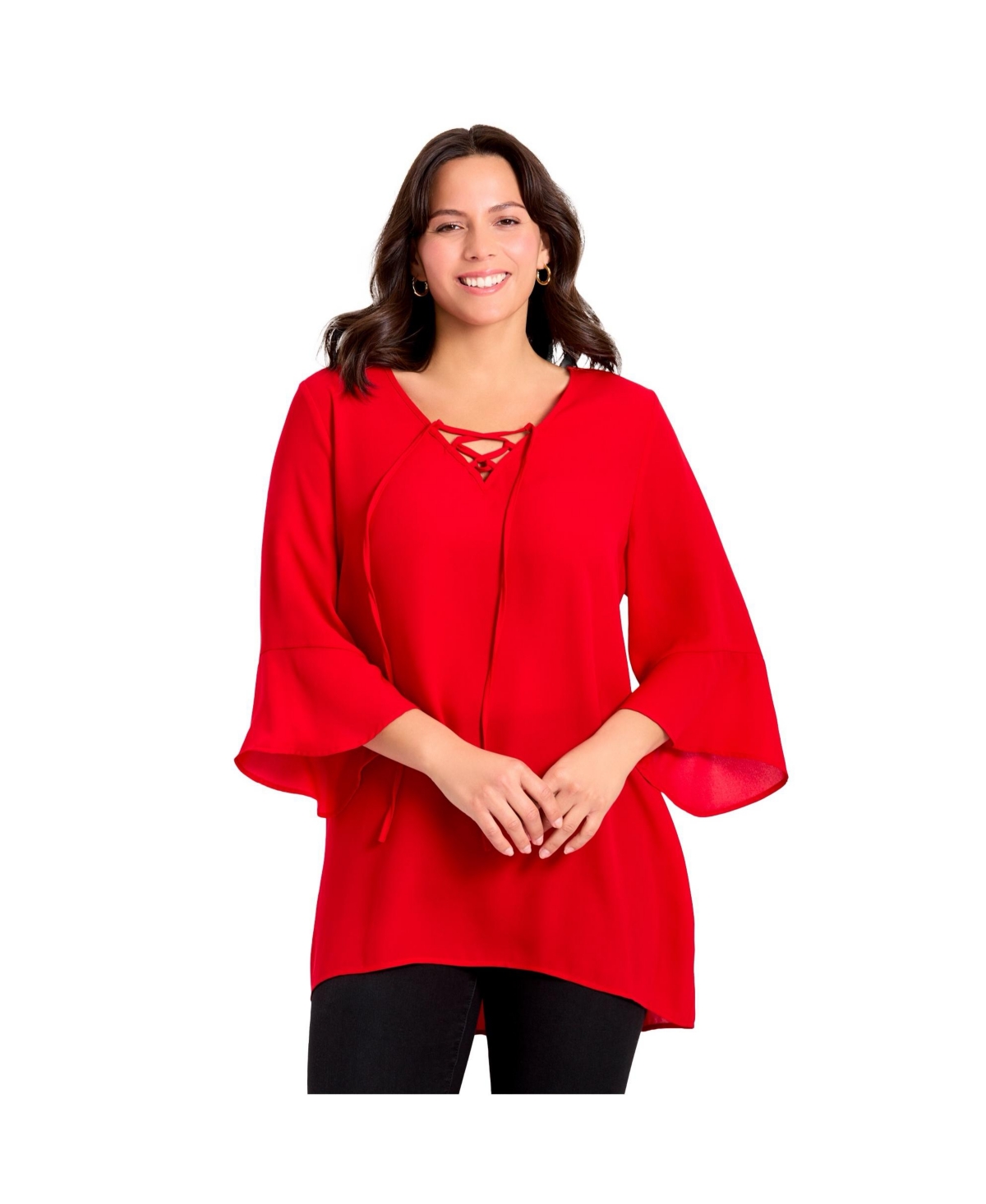 Avenue Women's V-Neck Lace-Up Bell Sleeve Tunic