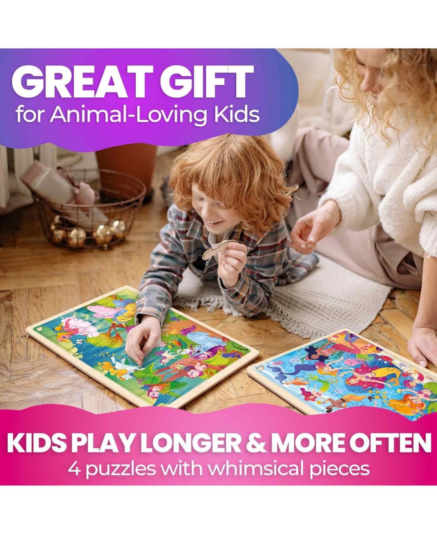 Детские игрушки Quokka Wooden Jigsaw 24-Piece 4-Puzzle Set, Ages 3+, цвет: Mermaids, Princesses — фото 7