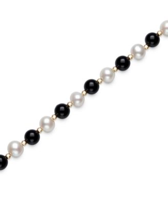 Freshwater Pearl (7.5-8.5mm), Black Onyx and Gold Bead Bracelet in 10k Yellow Gold