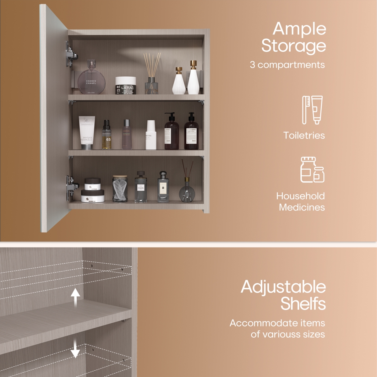 Hauschen Home 20x16 inch Bathroom Wall Cabinet, Saver Storage, Medicine Cabinet with 1 Door and Adjustable Shelves，Flat-Pack Design (Grey